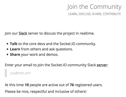 Socket.IO의 Slack 초대 페이지