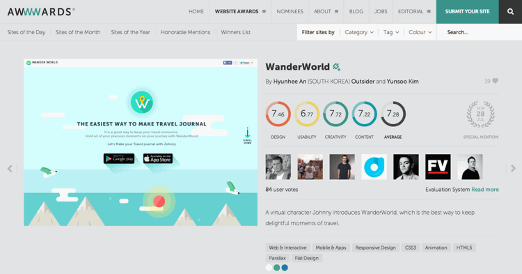 Awwwards에 등록된 WanderWorld