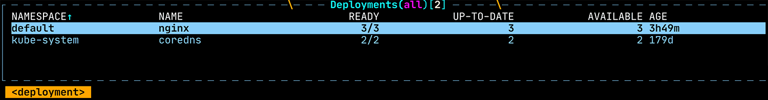 k9s의 deployment 목록