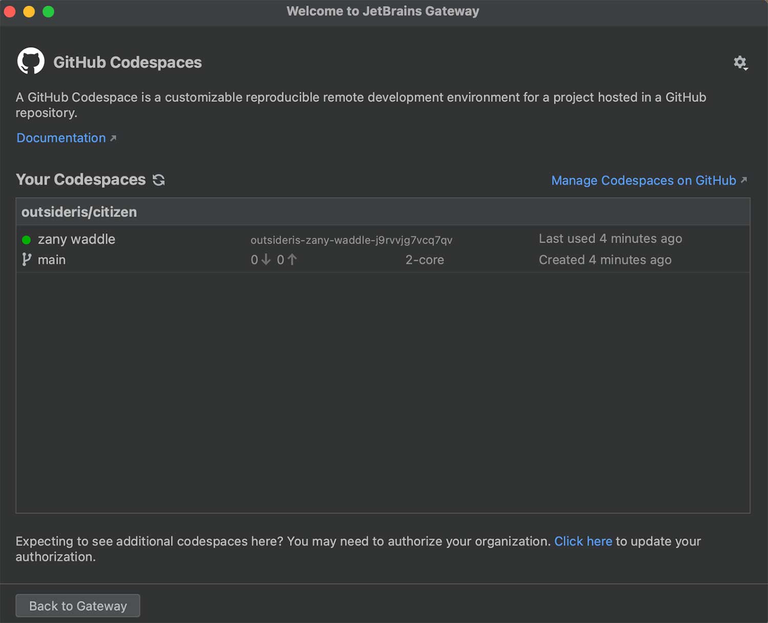 JetBrains Gateway에서 코드스페이스 선택