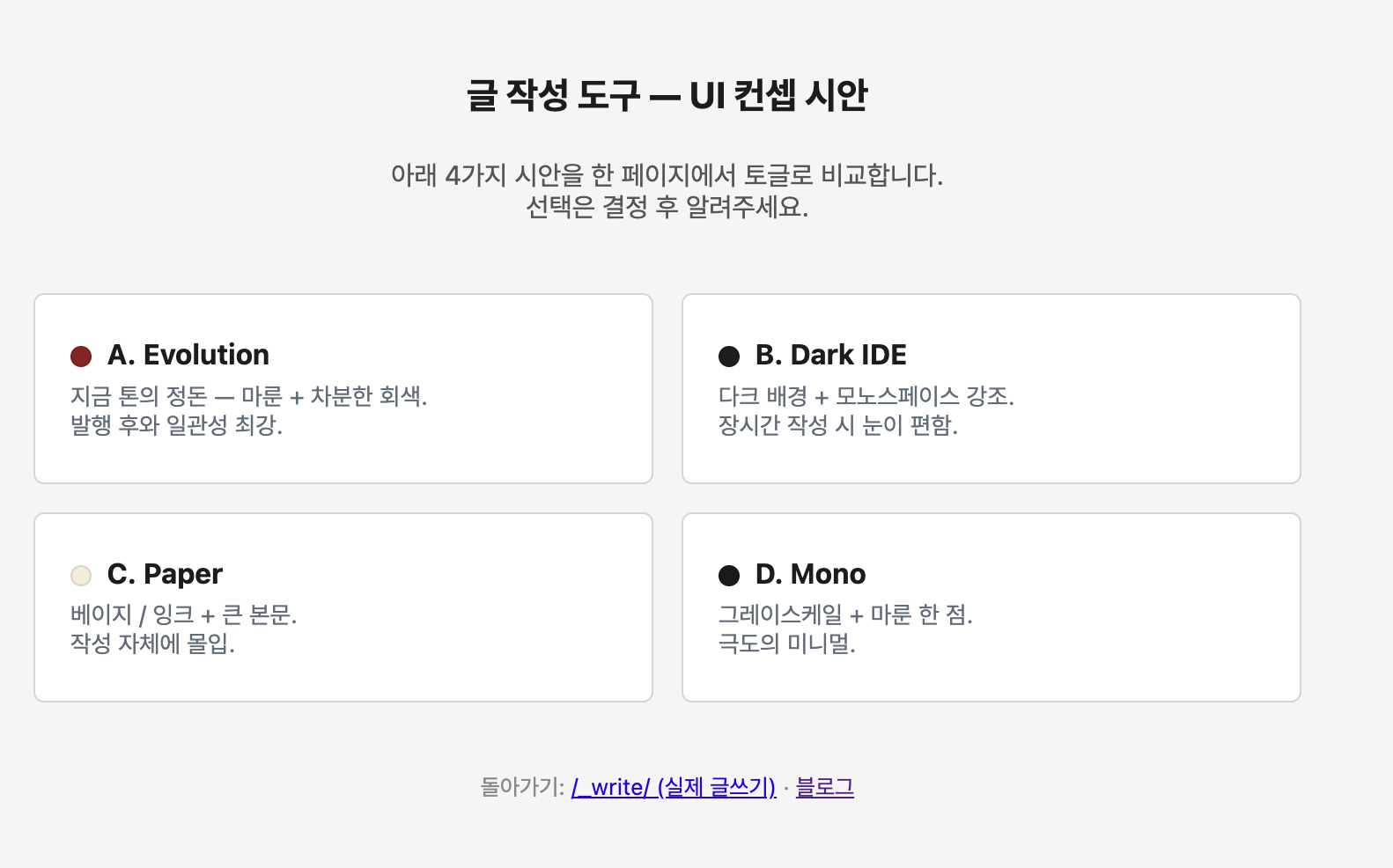 마룬, 검정, 베이지 점으로 구분된 네 가지 글 작성 도구 UI 시안 A. Evolution, B. Dark IDE, C. Paper, D. Mono를 카드 형태로 비교하는 선택 화면.