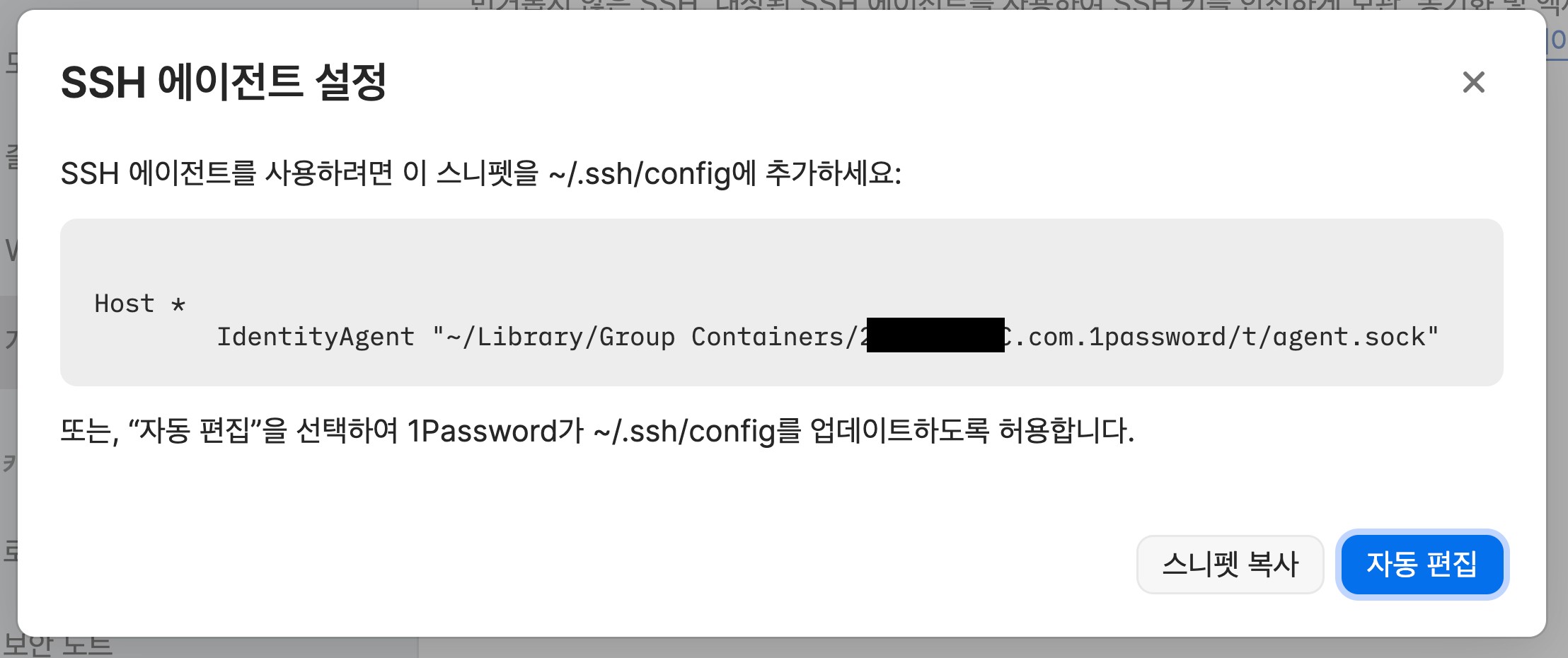 1Password의 SSH 에이전트 설정 창에 ~/.ssh/config에 추가할 IdentityAgent 스니펫과 자동 편집 버튼이 표시되어 있다.
