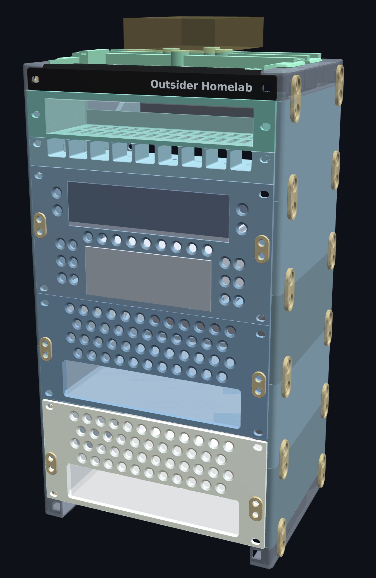Outsider Homelab 라벨이 붙은 반투명 소형 랙 3D 모델로, 위에서부터 선반, 키스톤 포트 패널, 원형 타공 패널들이 층층이 장착되어 있다.